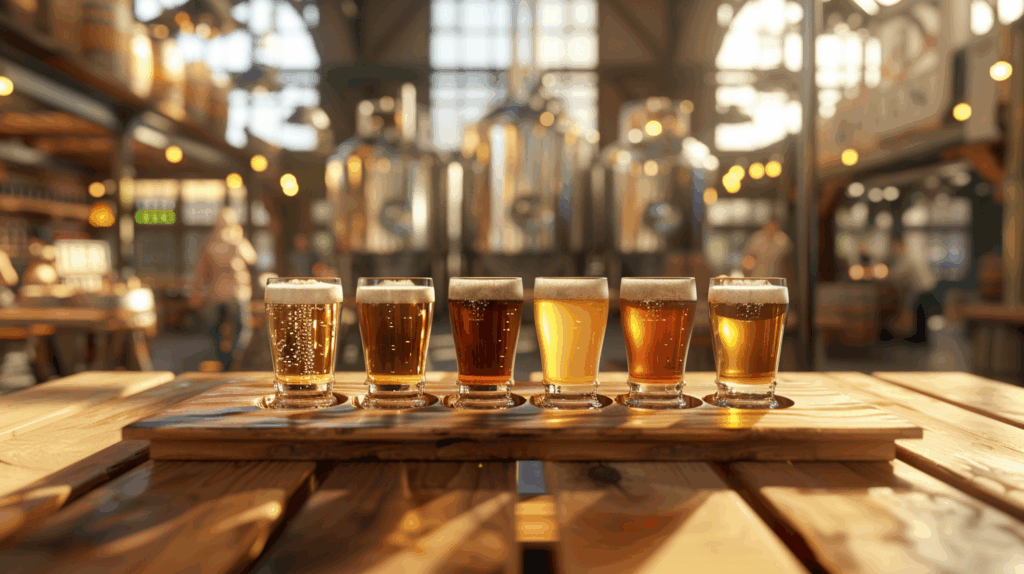 Flight of diverse craft beers on a rustic table in a small brewery taproom